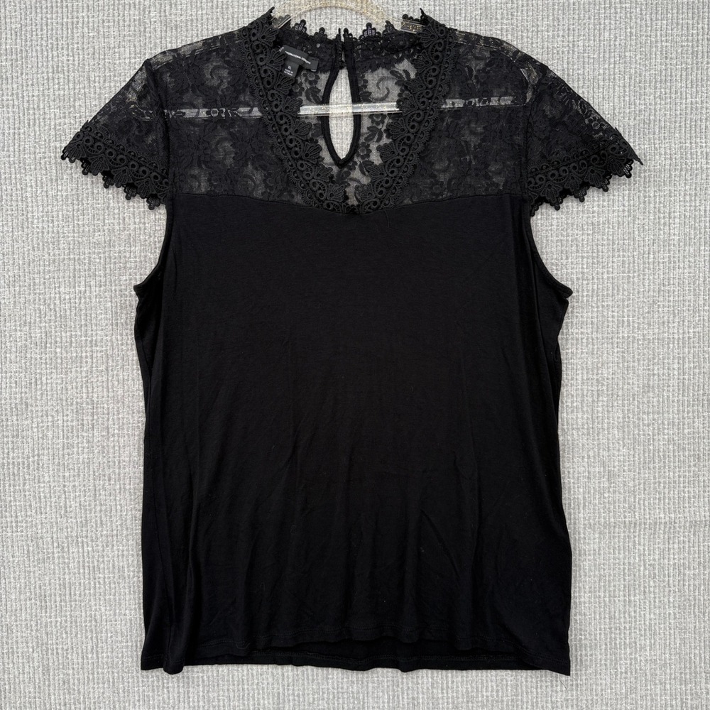 International Concepts Lace Top‎ Keyhole Blouse Black Short Sleeve XL Whimsigoth